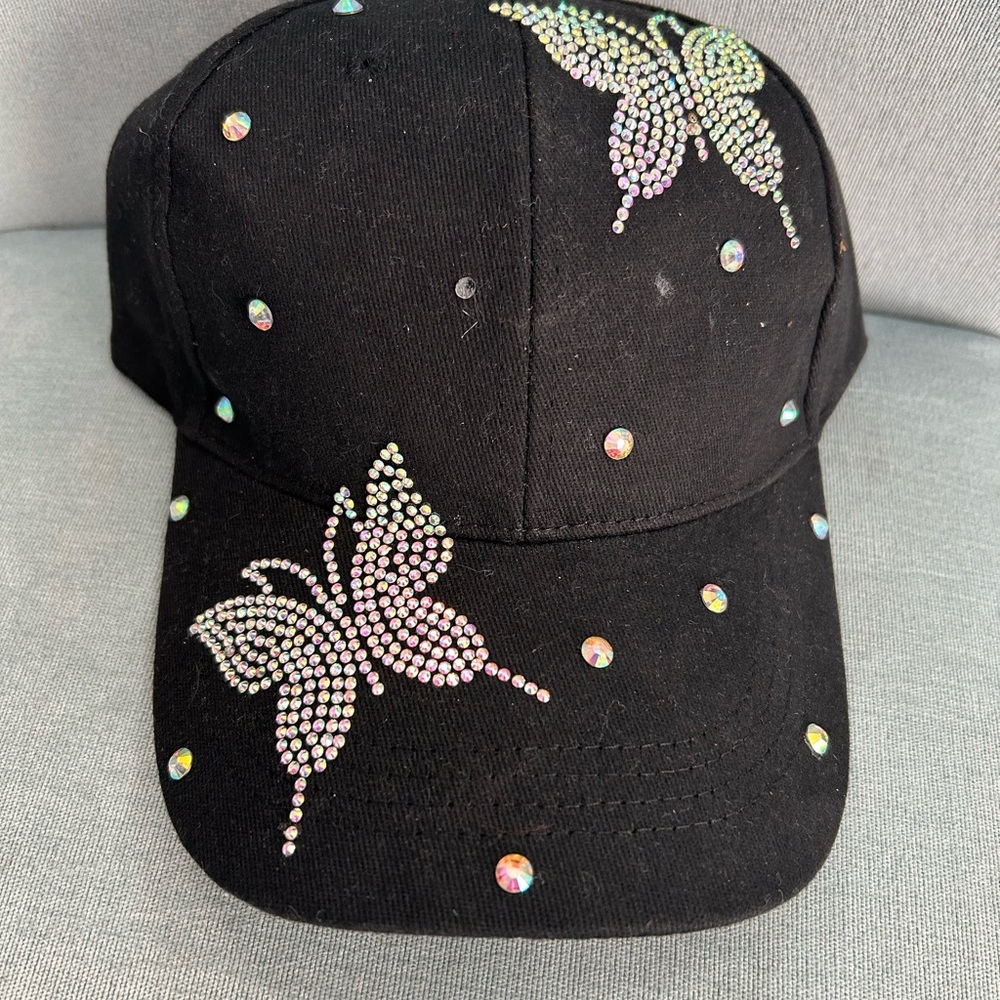 Black Rhinestone Butterfly Cap One Size